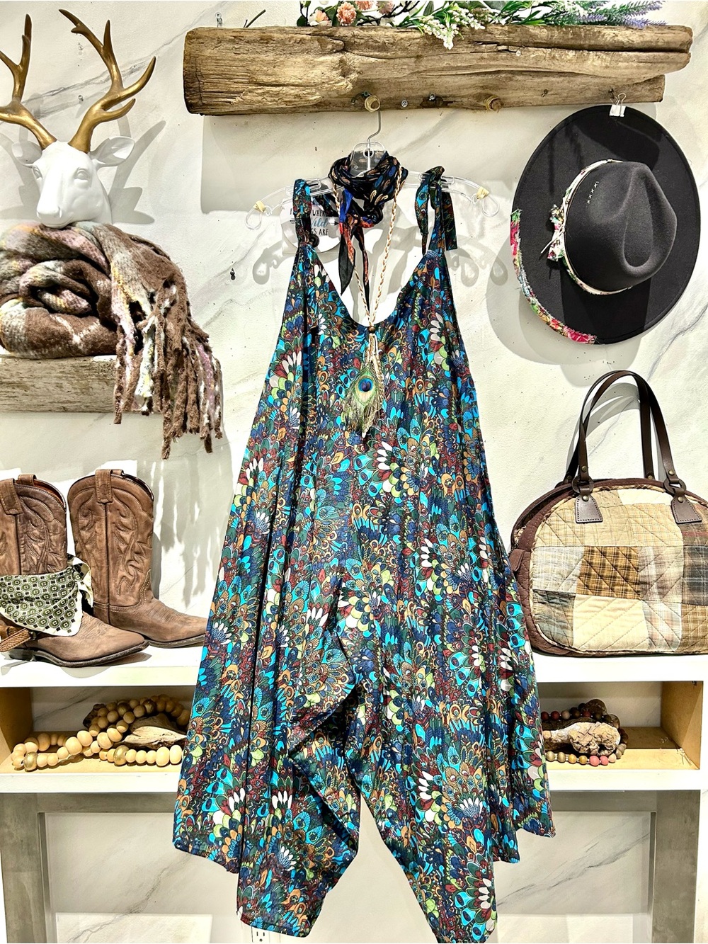 Peacock print boho jumpsuit w Tie-Shoulder wide cropped/capri leg resort vibe
